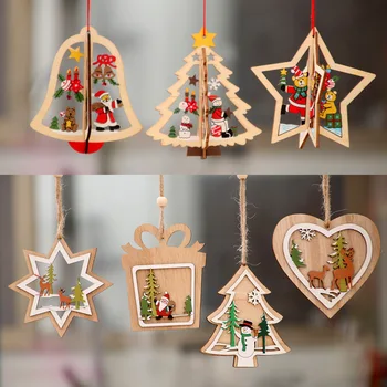 Рождественские украшения Деревянный рождественский вырез небольшой подвесной орнамент Пентаграмма колокольчик кулон подарок