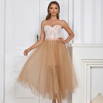 Элегантное женское бандажное платье 2023, Новая сексуальная сетчатая одежда в стиле пэчворк без бретелек, Клубные вечерние платья для вечеринок