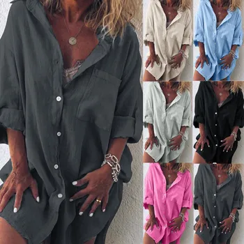 Женская однотонная модная пляжная рубашка из хлопка и льна с карманами Женское летнее платье элегантные вечерние платья для женщин 2023