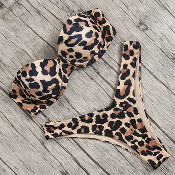 Сексуальный бразильский комплект с бюстгальтером пуш-ап, пляжная одежда с низкой талией, Леопардовый купальник