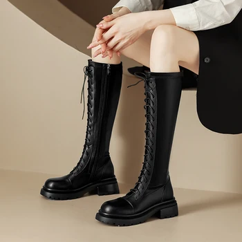 Повседневные высокие женские ботинки на платформе и толстом каблуке Сапоги до колена Осеннезимние теплые ботинки Женская обувь черного цвета Элегантная дизайнерская