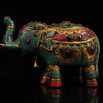 Коллекция Тибетского храма 10 дюймов, Старинный бронзовый драгоценный камень, раскрашенный золотой контур, статуя африканского слона, Все желания сбываются