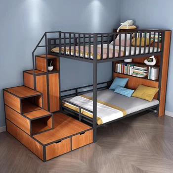 Кровать из кованого железа Современная простая двухуровневая кровать для хранения вещей в общих апартаментах