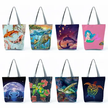 Повседневная складная сумка-тоут, Эко-сумки для покупок многоразового использования, женские сумки с рисунком водных животных с принтом Кита, черепахи и Русалки на заказ