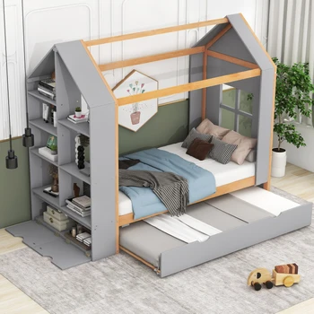 Серая кровать-платформа Twin Size House с полками для хранения и чемоданом Twin Size, простая в сборке, для мебели для спальни в помещении