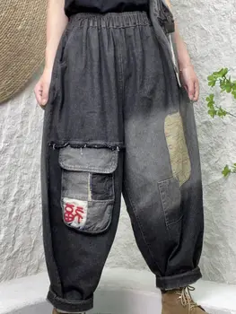 Новая женская осенняя лоскутная вышивка в литературном стиле, Брюки с эластичной резинкой на талии, брюки длиной до щиколоток, Модная Свободная Универсальная уличная одежда, Прямые джинсы