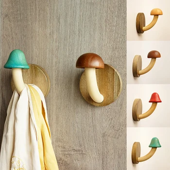 Деревянный крючок Вешалка для шляп с грибами, без перфорации, настенный дверной крючок для ключей, Многоцелевой однотонный декор, Креативная вешалка для полотенец для ванной комнаты