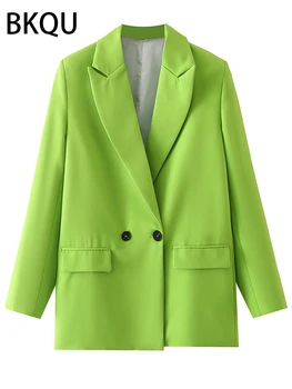 BKQU 20 Цветов Дизайнерский Блейзер Пальто для женщин Модные Двубортные с длинным рукавом и карманами с клапанами Женская верхняя одежда Оверсайз 2023