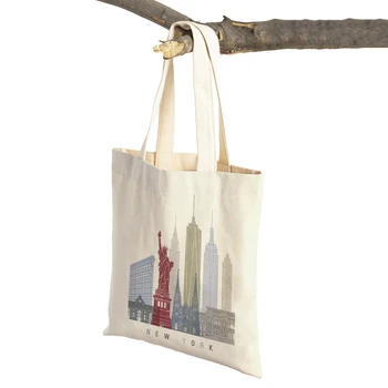 Знаковое здание Лондона, Нью-Йорк, Женские сумки для покупок, повседневная холщовая сумка с двойным принтом, винтажная художественная сумка-тоут, женская сумка для покупок