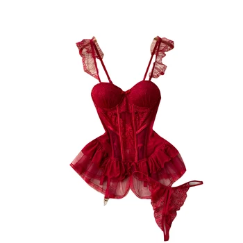Летний женский сексуальный комплект нижнего белья, кружевные сетчатые подтяжки, обернутая грудь, прозрачный жилет, бюстгальтер, платье, трусы, Модный комплект с бюстгальтером