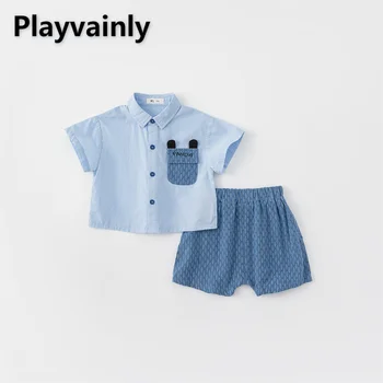 Новая летняя одежда для маленьких мальчиков, комплекты, сине-желтая однобортная рубашка с отложным воротником + шорты из полипропилена, повседневная детская одежда E82027