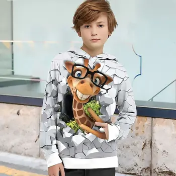 Новинка, повседневный пуловер с 3D-принтом в виде жирафа Для мальчиков, толстовка с капюшоном и длинным рукавом на весну-осень, детские толстовки с капюшоном на открытом воздухе