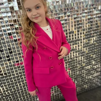 2023 Новый бутик для девочек, розово-красный двубортный костюм, комплект из двух предметов, высококачественная элегантная модная детская одежда