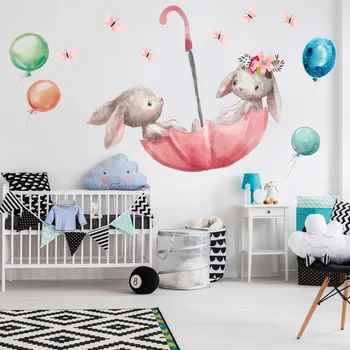 Милый серый кролик, балетный кролик, наклейки на стены для детской комнаты, наклейки на стены для детской комнаты, розовый цветок для украшения дома в комнате для девочек