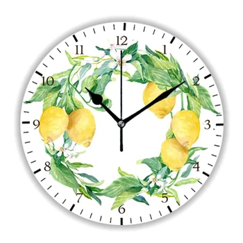 Модный зеленый венок, желтый Лимон, кухонные настенные часы для фермерского дома, Садовые растения, листья цитрусовых, большие настенные часы, подарок для домашнего декора.