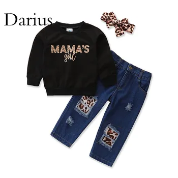 Осенний комплект для девочек Мамина толстовка + повязка на голову + джинсовые брюки, Костюмы для детей