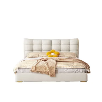 Качественная кожаная кровать Современная спальня Роскошная кровать Мебель королевского размера Многофункциональная кровать