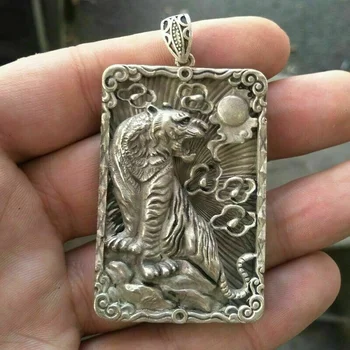 Старый Китай Тибет Серебро Ручной работы Сила Статуя Тигра Амулет Ожерелье Кулон Подарок