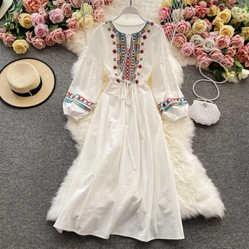 Льняное платье с вышивкой, платье с длинным рукавом, Элегантная белая одежда в этническом стиле бохо, Весенне-летние платья для женщин, вечеринка 2023