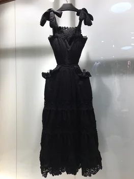 Новое весеннее сексуальное длинное платье с объемным кружевом в мелкий горошек, открывающее талию.