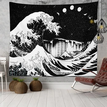 Японский гобелен Kanagawa Big Wave, психоделический гобелен, декор для подростковой инди-комнаты, макраме, большой тканевый настенный гобелен из макраме