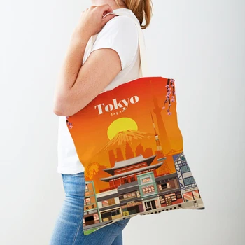 Мультяшные Городские путешествия, ландшафтное искусство, сумки для покупок, женская сумка с двойным принтом, Испания, Сингапур, повседневная холщовая Женская сумка для покупок