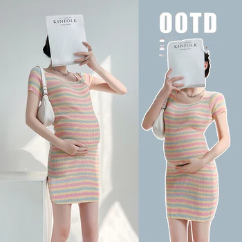 C46499 # Женское платье в Корейском стиле в полоску, тонкая одежда для беременных, Вязаное платье для беременных