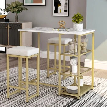 Современный набор для паба из 3 предметов со столешницей из искусственного мрамора и барными стульями, белый / золотой
