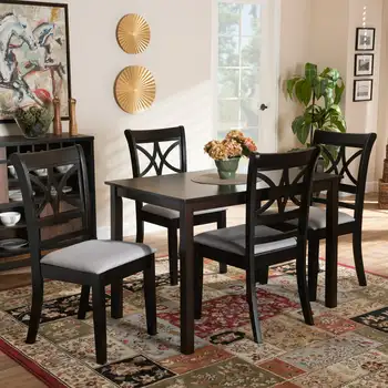 Обеденный набор из 5 предметов, обитый серой тканью Clarke и современной мебелью и отделанный деревом цвета эспрессо коричневого цвета