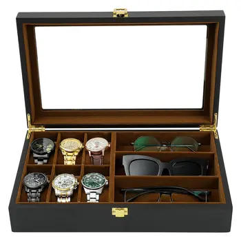 Коробка-органайзер для часов, 6 слотов для часов, солнцезащитные очки, деревянная коробка-органайзер для часов с крышкой из настоящего стекла, идеальные подарки для семьи или друга