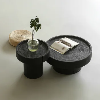Черные креативные круглые журнальные столики с карбонизацией, простой центральный столик, приставной столик для дивана в стиле ретро с деревянными колышками для мебели для гостиной