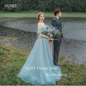 OLOEY Сексуальные пыльно-голубые тюлевые длинные платья для выпускного вечера с открытыми плечами и рукавами, сказочные вечерние платья, свадебное платье невесты в саду, фотосессия