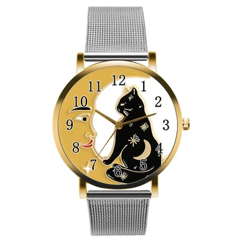 Новые женские часы Moon And Cat с ремешком из нержавеющей стали, модные цифровые кварцевые наручные часы