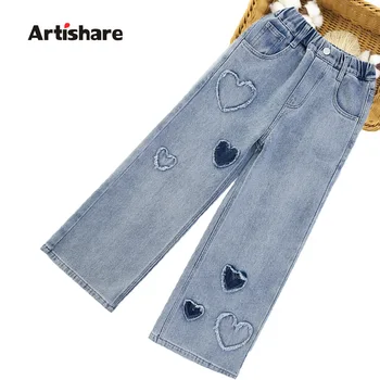 Джинсы для девочек с рисунком сердца, джинсы для девочек, повседневный стиль, детские джинсы, весенне-осенняя одежда для девочек 6 8 10 12 14