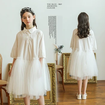 Элегантное Сетчатое платье для подростков 2023, Летняя Корейская одежда для девочек, Сетчатое Белое платье-рубашка