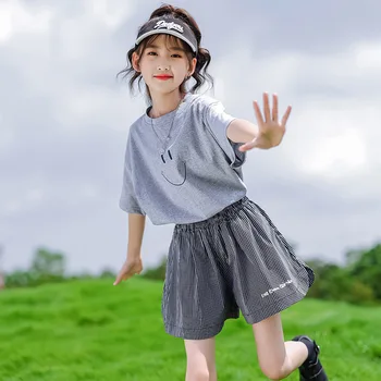 Летняя одежда для девочек, детский топ с короткими рукавами, шорты, детская спортивная одежда из 2 предметов, повседневная одежда для девочек 5-16 лет