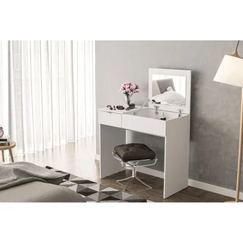 Современный туалетный столик в спальне с выдвижной крышкой, белая отделка, современная простота, стильное ощущение небольшого шкафа для хранения, встроенный столик для макияжа