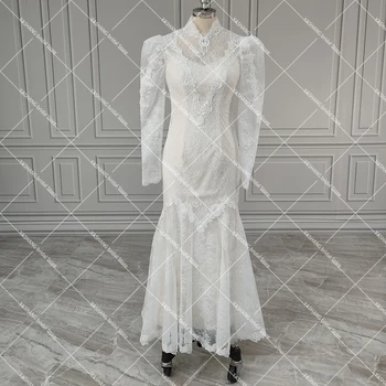 Свадебное платье в стиле ретро длиной до щиколоток с высоким воротом, длинными рукавами, иллюзией посадки и расклешивания, кружевами с закрытой спинкой, свадебные платья