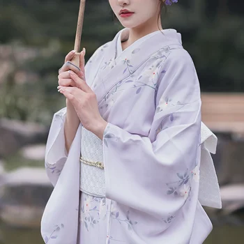 Традиционное японское женское кимоно в винтажном стиле с фиолетовым цветочным принтом, летний костюм Юката для ролевых игр, платье для фотосессии