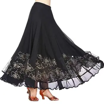 Длинная юбка для современных танцев фламенко, сетчатая юбка с блестками, платье для вальса, женский костюм, одежда для подростков, платье для фигурного катания