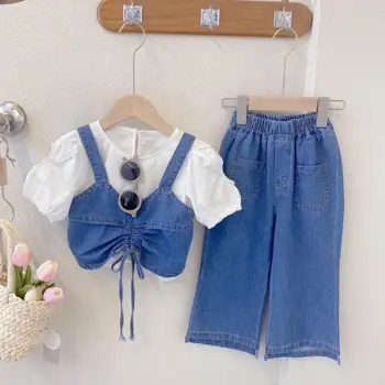 Летняя одежда для девочек, Белая футболка из денима, Костюм из 3 предметов, Широкие брюки, Комплект из топа и низа в Корейском стиле для детей
