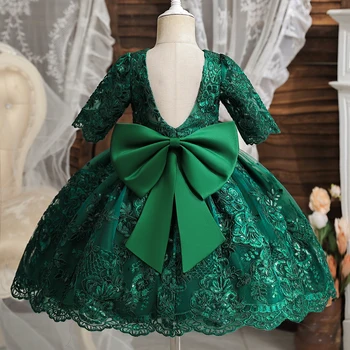 Детские платья с бантом без спинки для девочек от 1 до 5 лет, зеленая кружевная рождественская одежда для малышей, платье принцессы для девочек на день рождения