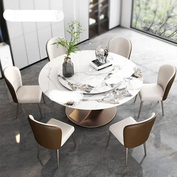 Круглые Обеденные столы с вращающимся поворотным столом и 6 Стульями Роскошный Белый стол для еды из Мрамора Современный набор кухонной мебели