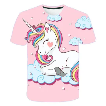 Летняя детская футболка с рисунком розового единорога 3D, одежда для подростков, детские футболки с популярными принтами из мультфильмов и аниме, одежда для девочек, футболки-топы