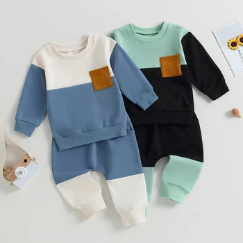 Осенне-зимняя одежда для маленьких мальчиков 0-3 лет Контрастного цвета, толстовка с круглым вырезом и эластичной резинкой на талии, спортивные штаны, одежда