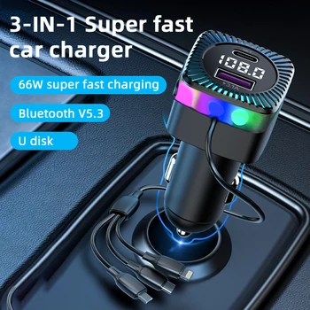Bluetooth 5.3 FM-Передатчик Автомобильное Радио MP3-Плеер Аудиоприемник Громкой Связи Прозрачный Корпус 66 Вт Type C Автомобильное Зарядное Устройство Быстрая Зарядка