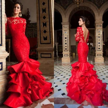 Красные Сексуальные кружевные платья выпускного вечера с аппликацией в виде русалки, расширяющееся платье с длинными рукавами, очаровательные вечерние платья для особых случаев с открытой спиной 2023 года.