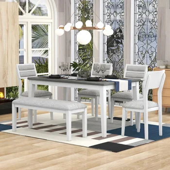 Обеденный набор из 6 предметов, 1 обеденный стол, 4 мягких стула и скамейка Классическая мебель для гостиной в традиционном стиле (белый + серый)