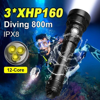 Супер мощный 3 * XHP160 светодиодный профессиональный фонарик для дайвинга, перезаряжаемый 800-метровый подводный водонепроницаемый фонарь для дайвинга, ручная лампа