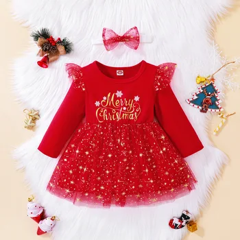Рождественское платье с надписями для новорожденных девочек от 0 до 4 лет, Сетчатое платье с длинным рукавом, Осенняя одежда для малышей, одежда для девочек